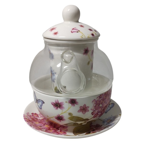 Grace Teaware Tea For One Teapot With Lid Infuser Cup and Saucer Hydrangeas - Picture 6 of 10